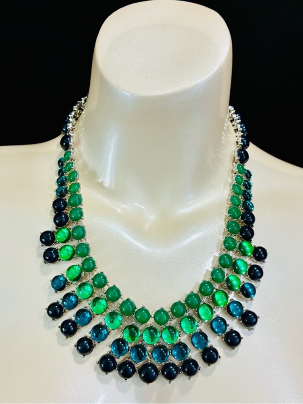 Coldwater Creek Green and Teal Multi-Row Stone Bib Necklace Dramatic Colorful